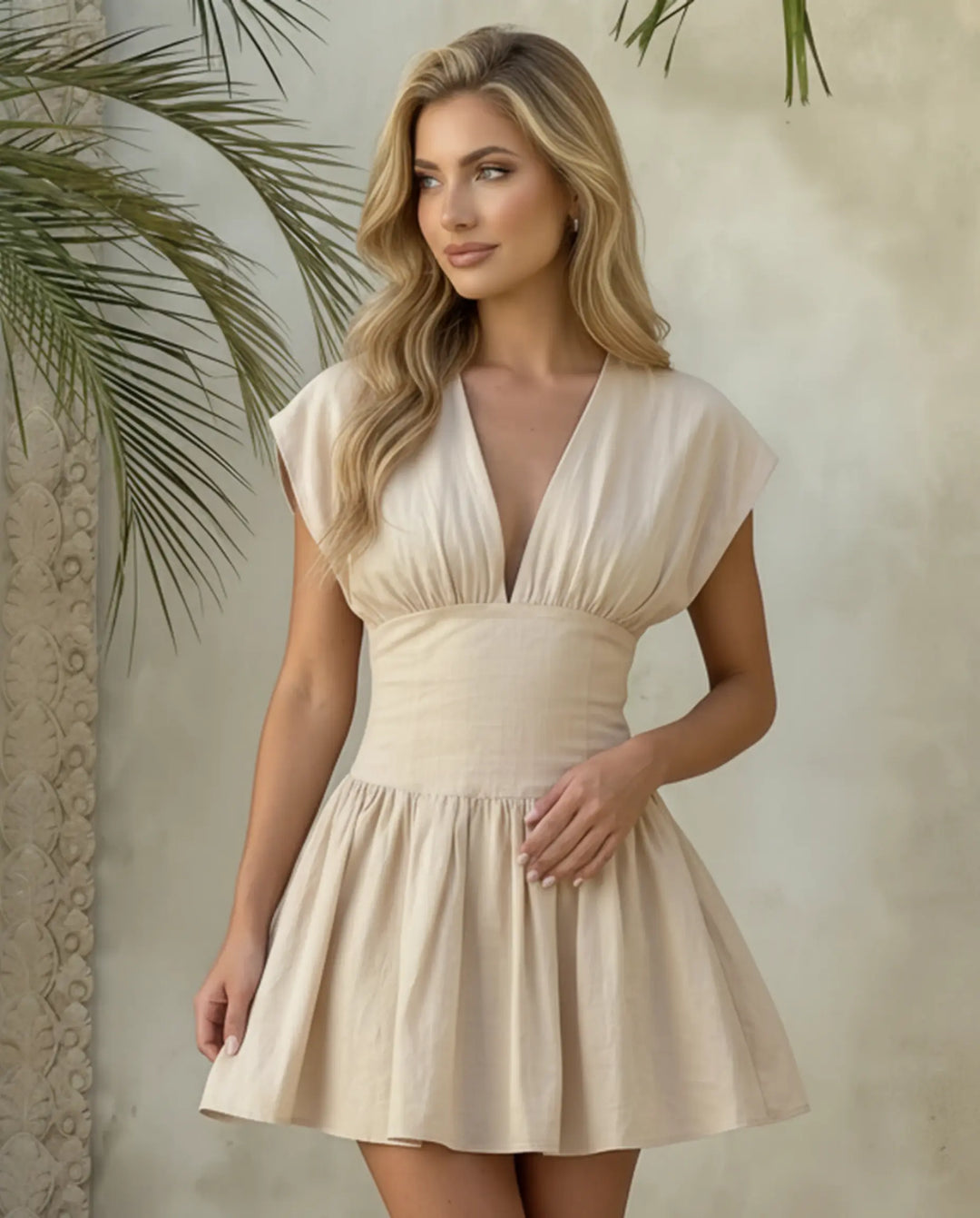 SOLACE  Beige V-Neck Cap Sleeve Flared Mini Dress 
