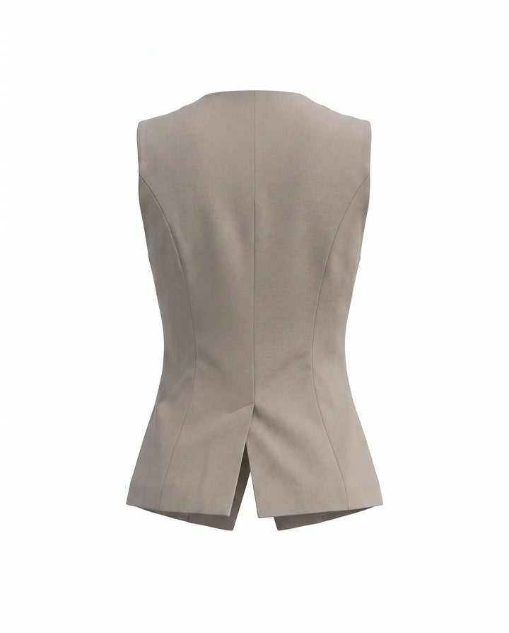 SOLACE  Grey Round Neck Button Front Sleeveless Regular Length Vest 