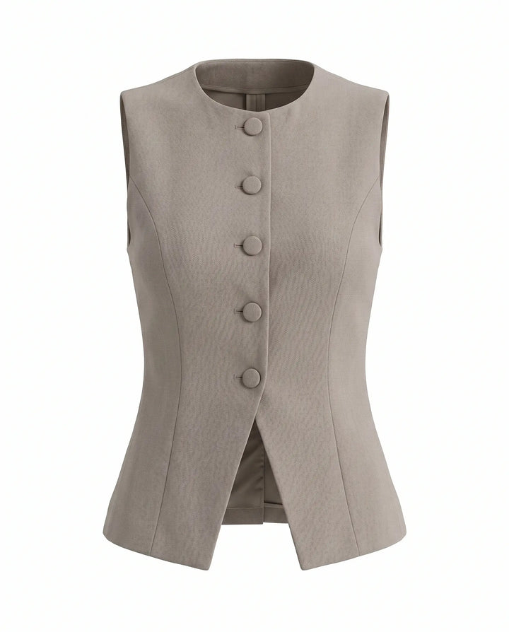 SOLACE  Grey Round Neck Button Front Sleeveless Regular Length Vest 