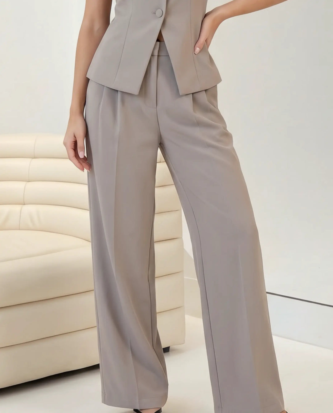 SOLACE  Gray High Waist Pleated Wide Leg Long Pants 