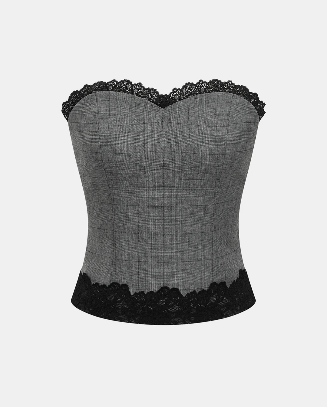 SOLACE  Grey Plaid Lace Trim Strapless Tube Top 