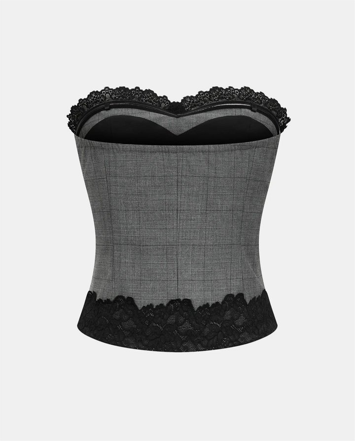SOLACE  Grey Plaid Lace Trim Strapless Tube Top 