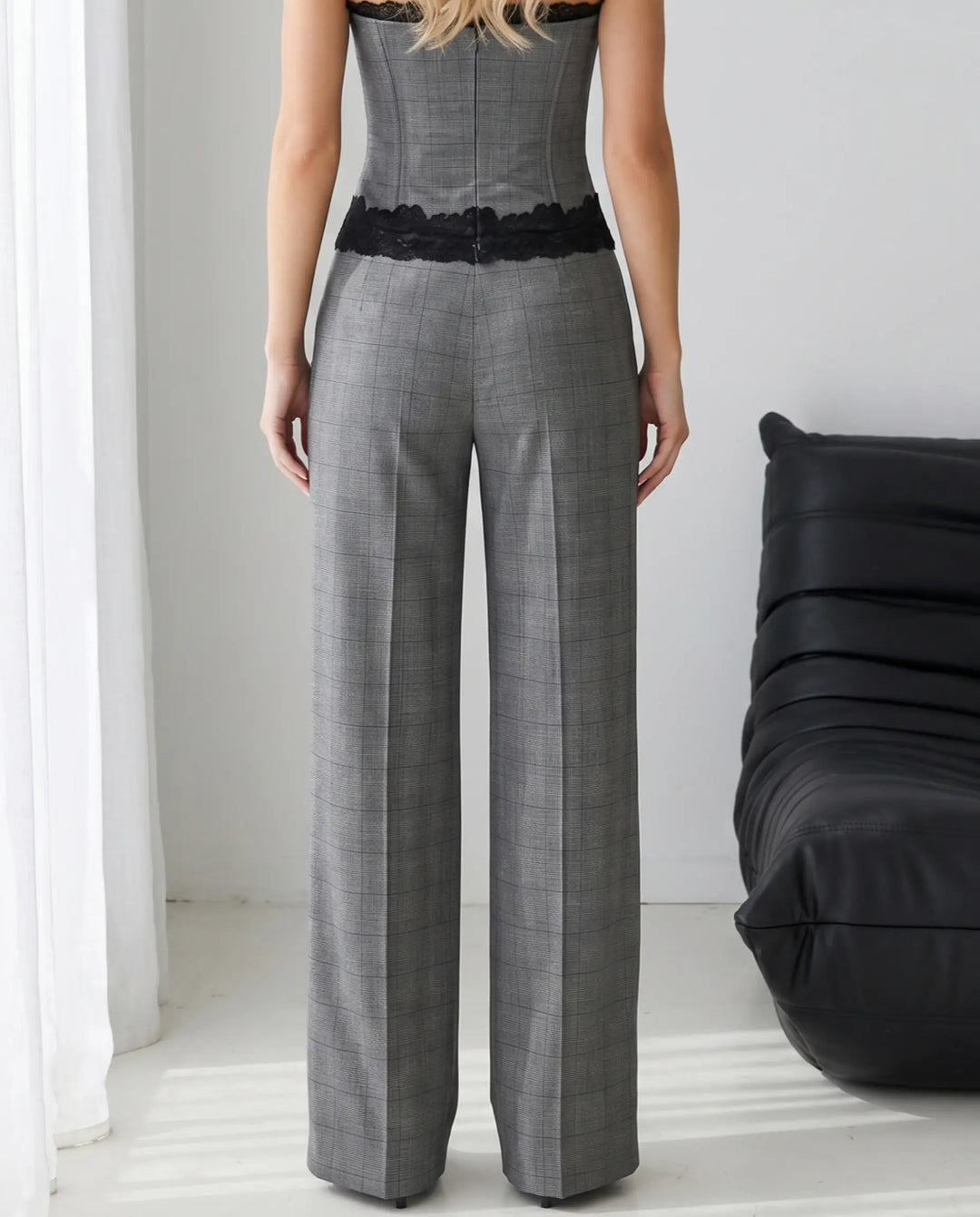 SOLACE  Grey Plaid Lace Trim Wide Leg Pants 