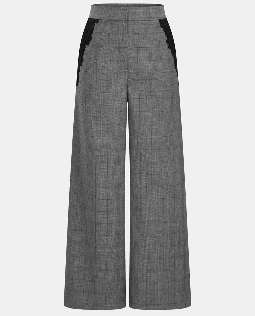 SOLACE  Grey Plaid Lace Trim Wide Leg Pants 