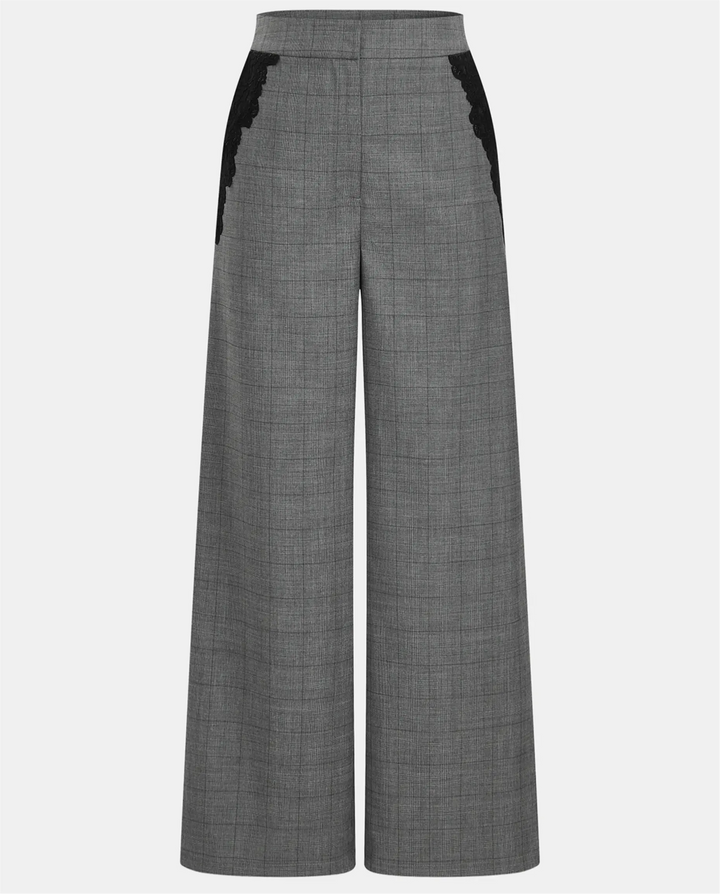 SOLACE  Grey Plaid Lace Trim Wide Leg Pants 