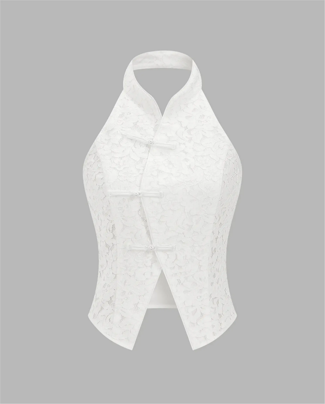 SOLACE  White Traditional Frog Buttons Lace Halter Top 