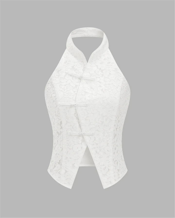 SOLACE  White Traditional Frog Buttons Lace Halter Top 