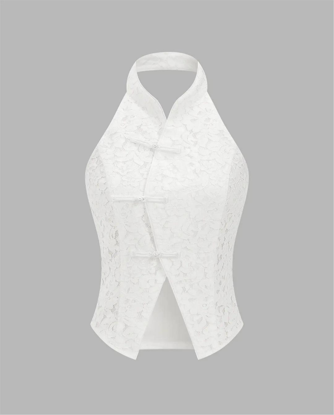 SOLACE  White Traditional Frog Buttons Lace Halter Top 