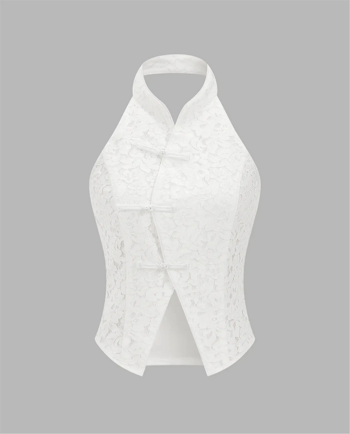 SOLACE  White Traditional Frog Buttons Lace Halter Top 