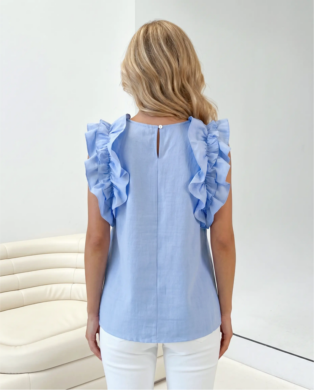 SOLACE  Light Blue Ruffle Sleeve Cotton Linen Blend Regular Length Blouse 