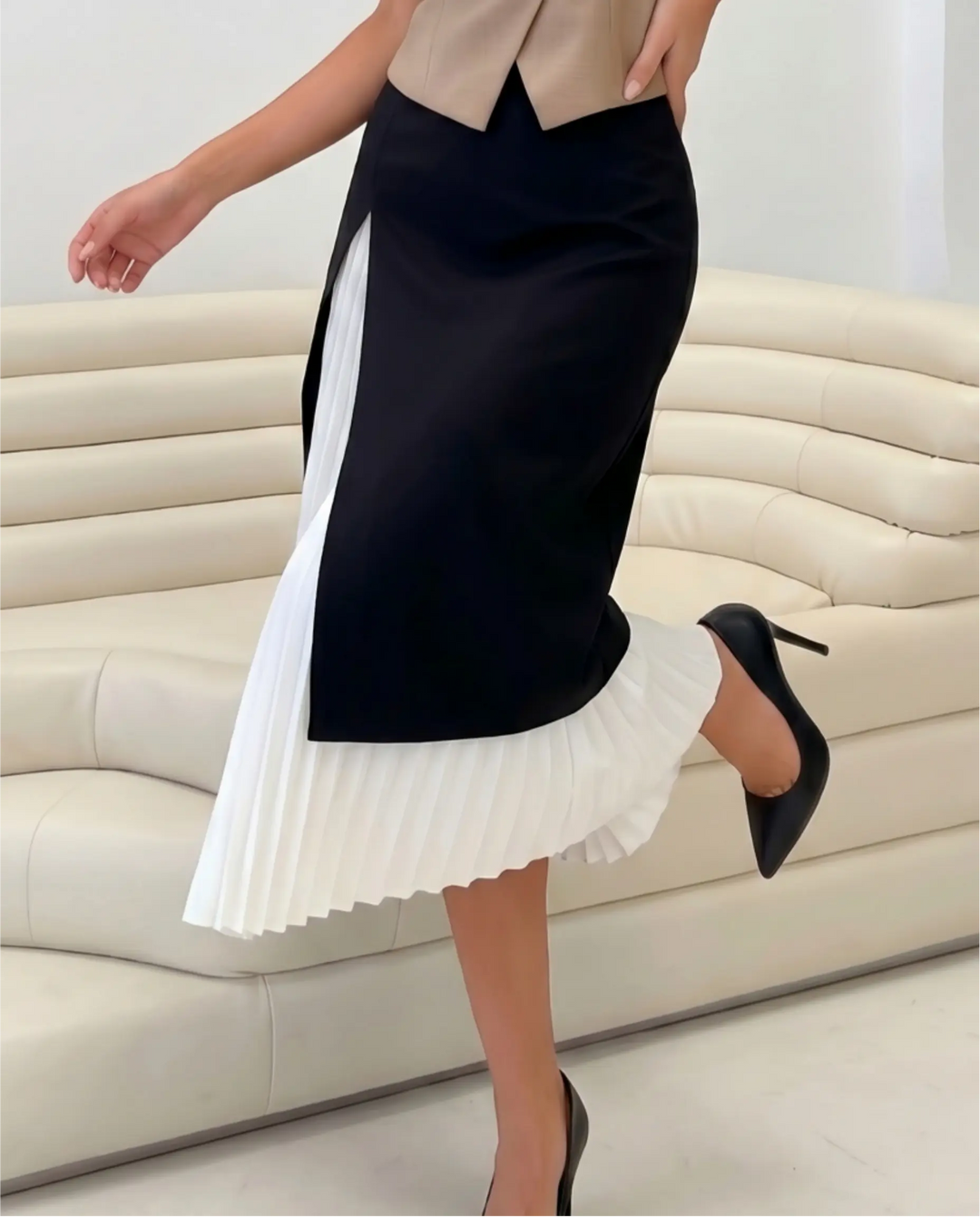 SOLACE  Black Layered Pleated Hem A-Line Midi Skirt 