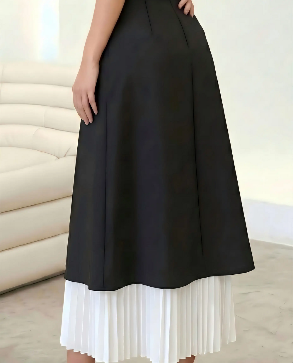 SOLACE  Black Layered Pleated Hem A-Line Midi Skirt 