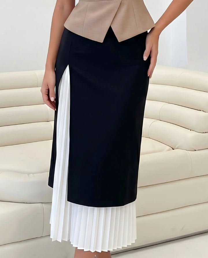 SOLACE  Black Layered Pleated Hem A-Line Midi Skirt 