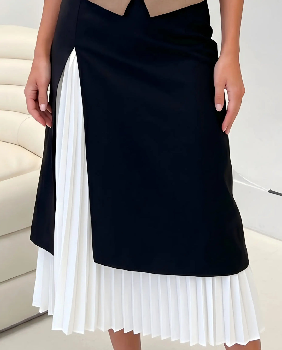 SOLACE  Black Layered Pleated Hem A-Line Midi Skirt 