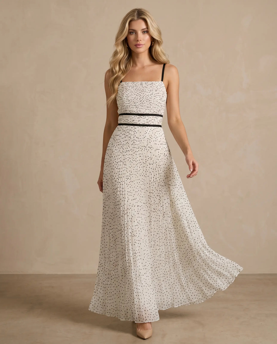 SOLACE  Cream Polka Dot Open Back Pleated Maxi Dress 