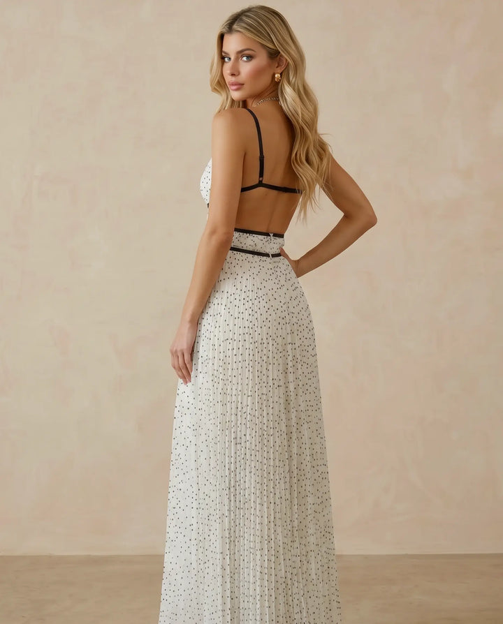 SOLACE  Cream Polka Dot Open Back Pleated Maxi Dress 