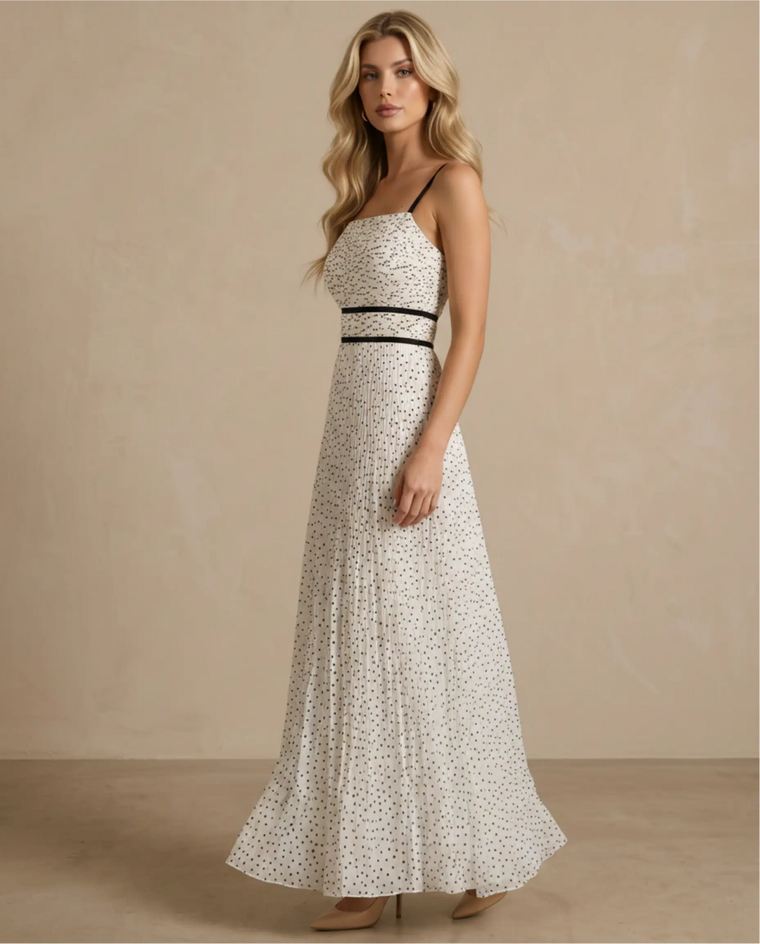 SOLACE  Cream Polka Dot Open Back Pleated Maxi Dress 