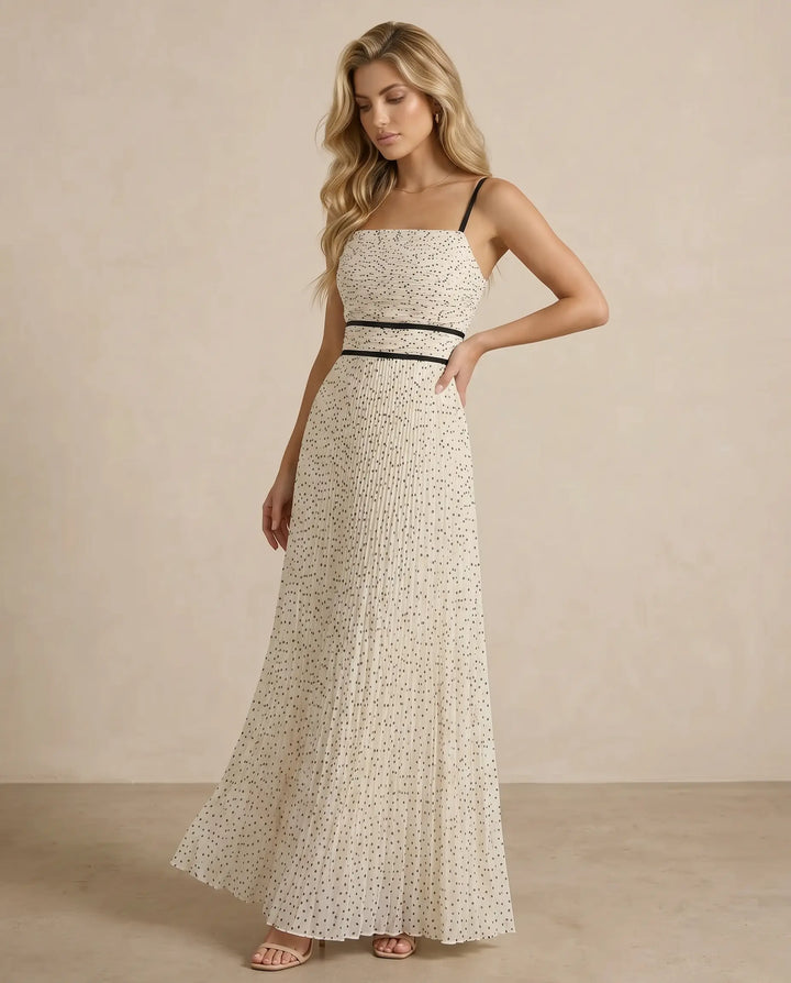 SOLACE  Cream Polka Dot Open Back Pleated Maxi Dress 