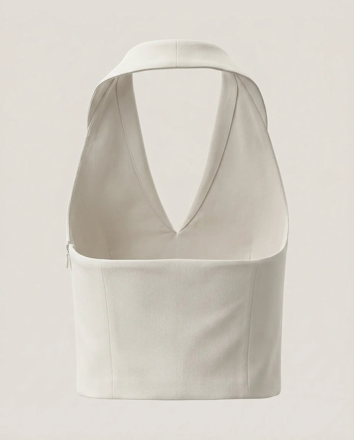 SOLACE  White Solid Satin Halter Neck Crop Top 