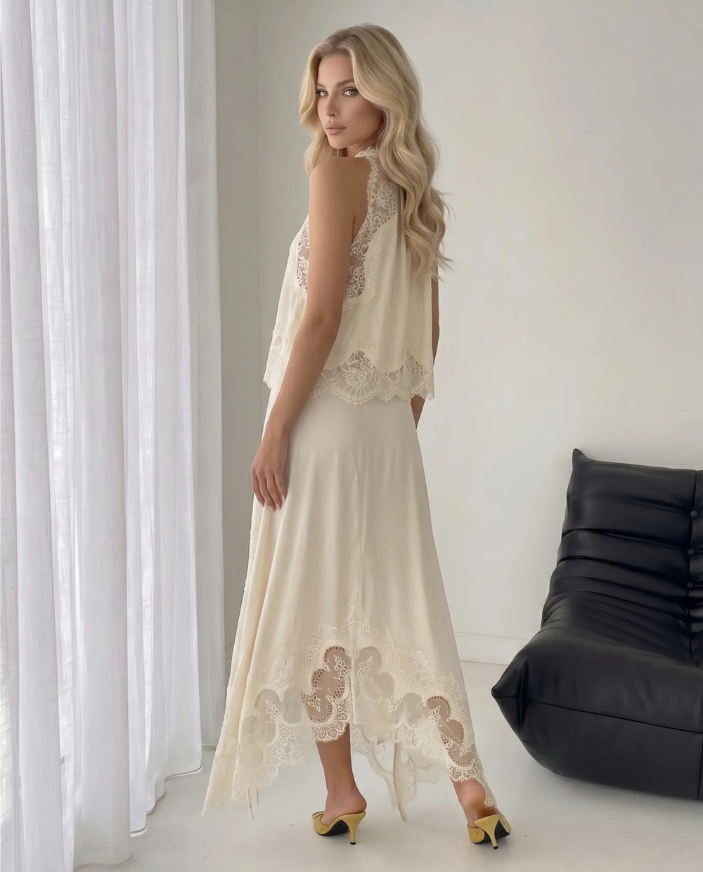 SOLACE  Cream Lace Halter Two Piece Maxi Skirt Set 