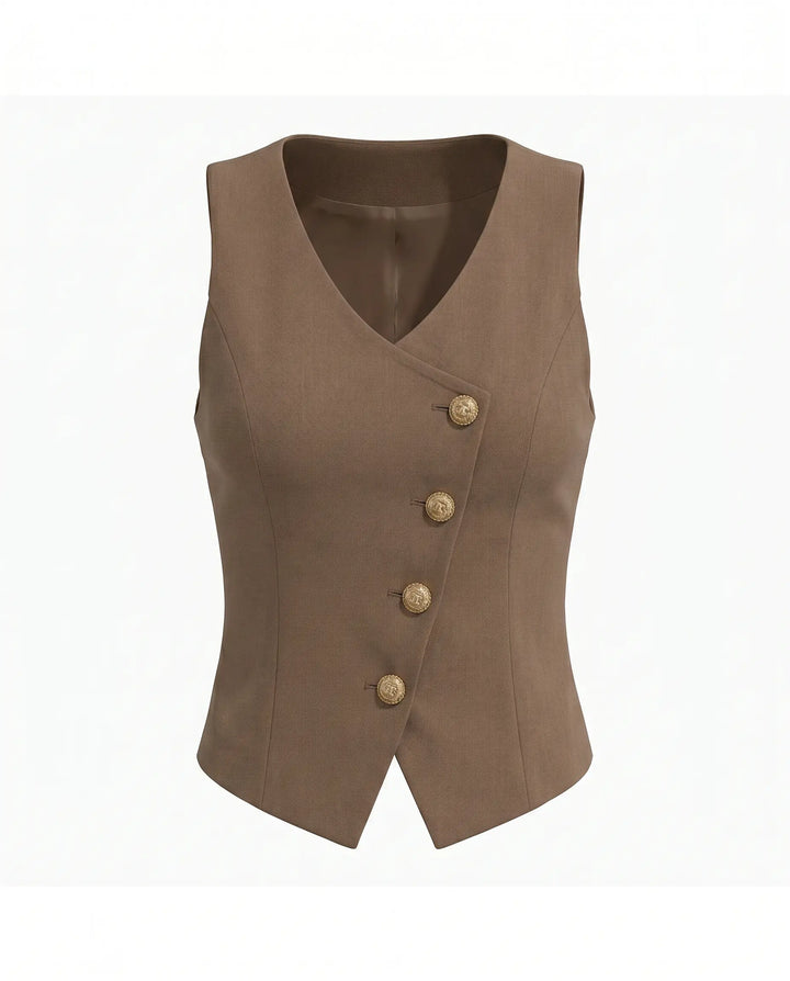 SOLACE  Brown V Neck Gold Buttons Casual Vest Top 