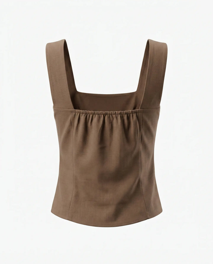 SOLACE  Brown V Neck Gold Buttons Casual Vest Top 