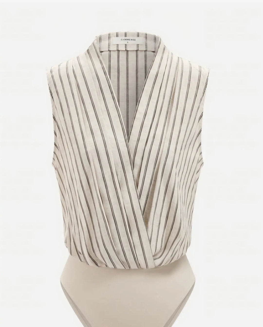SOLACE  Beige Striped Wrap Front Sleeveless Bodysuit 