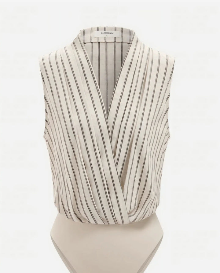SOLACE  Beige Striped Wrap Front Sleeveless Bodysuit 