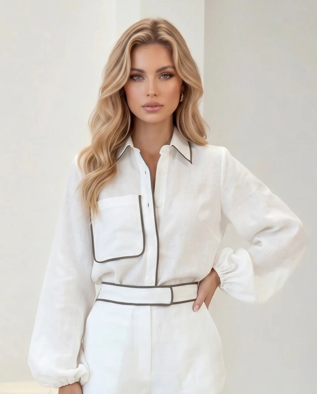 SOLACE  White Contrast Trim Long Sleeve Regular Length Blouse 