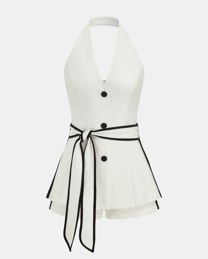 SOLACE  White Halter V Neck Vest And Shorts Two Piece Set 