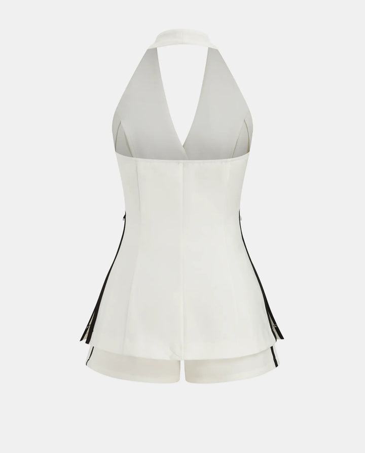 SOLACE  White Halter V Neck Vest And Shorts Two Piece Set 