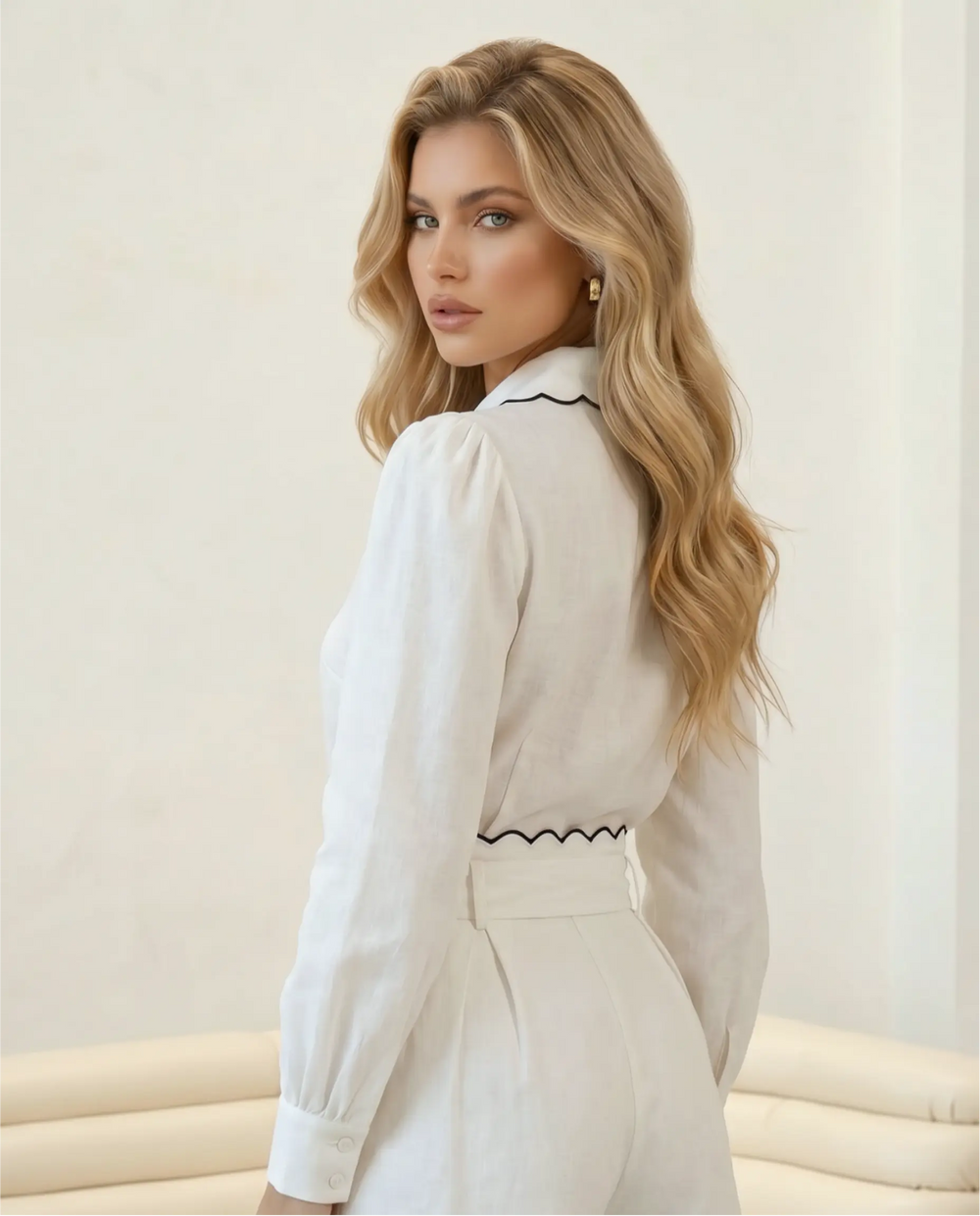 SOLACE  White Scalloped Black Trim Long Sleeve Button Down Shirt 