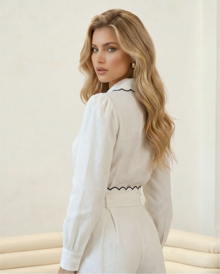 SOLACE  White Scalloped Black Trim Long Sleeve Button Down Shirt 