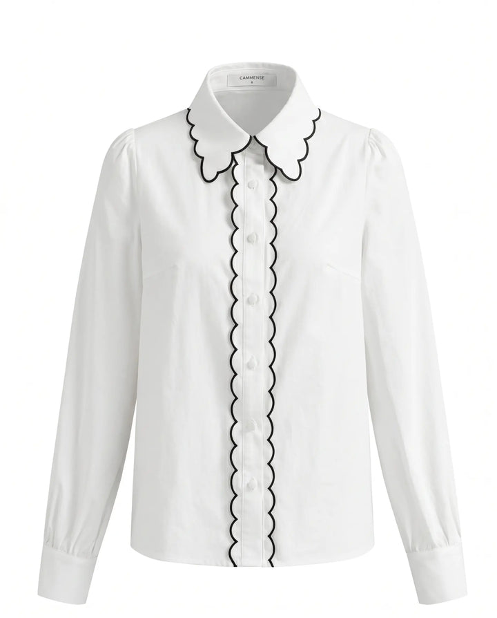 SOLACE  White Scalloped Black Trim Long Sleeve Button Down Shirt 