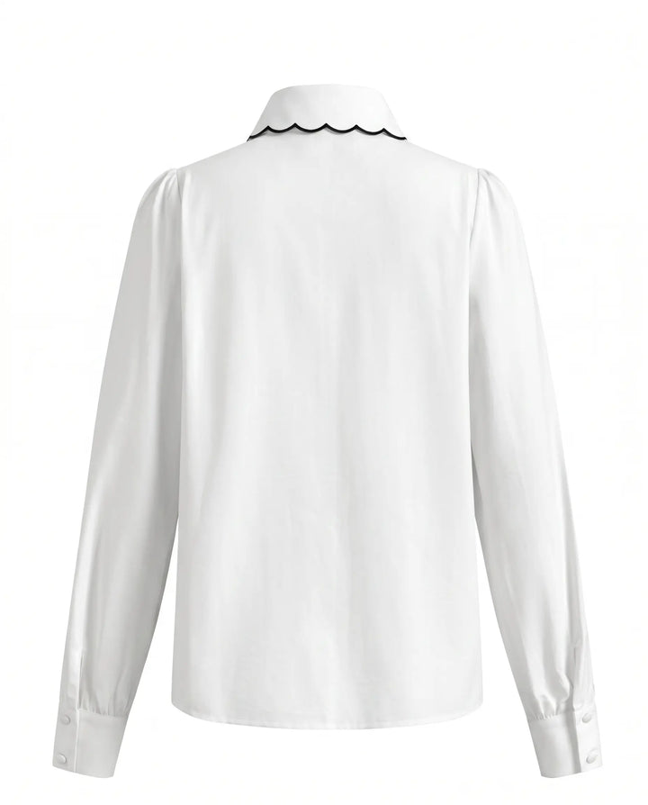 SOLACE  White Scalloped Black Trim Long Sleeve Button Down Shirt 
