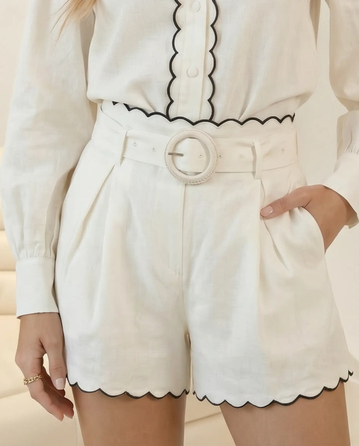 SOLACE  White Linen Blend Scalloped Edge High Waist Shorts With Belt 