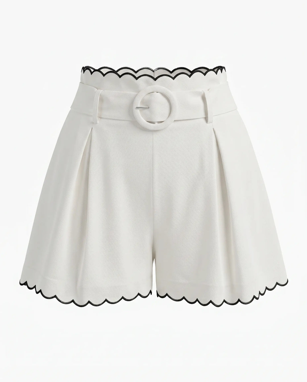 SOLACE  White Linen Blend Scalloped Edge High Waist Shorts With Belt 