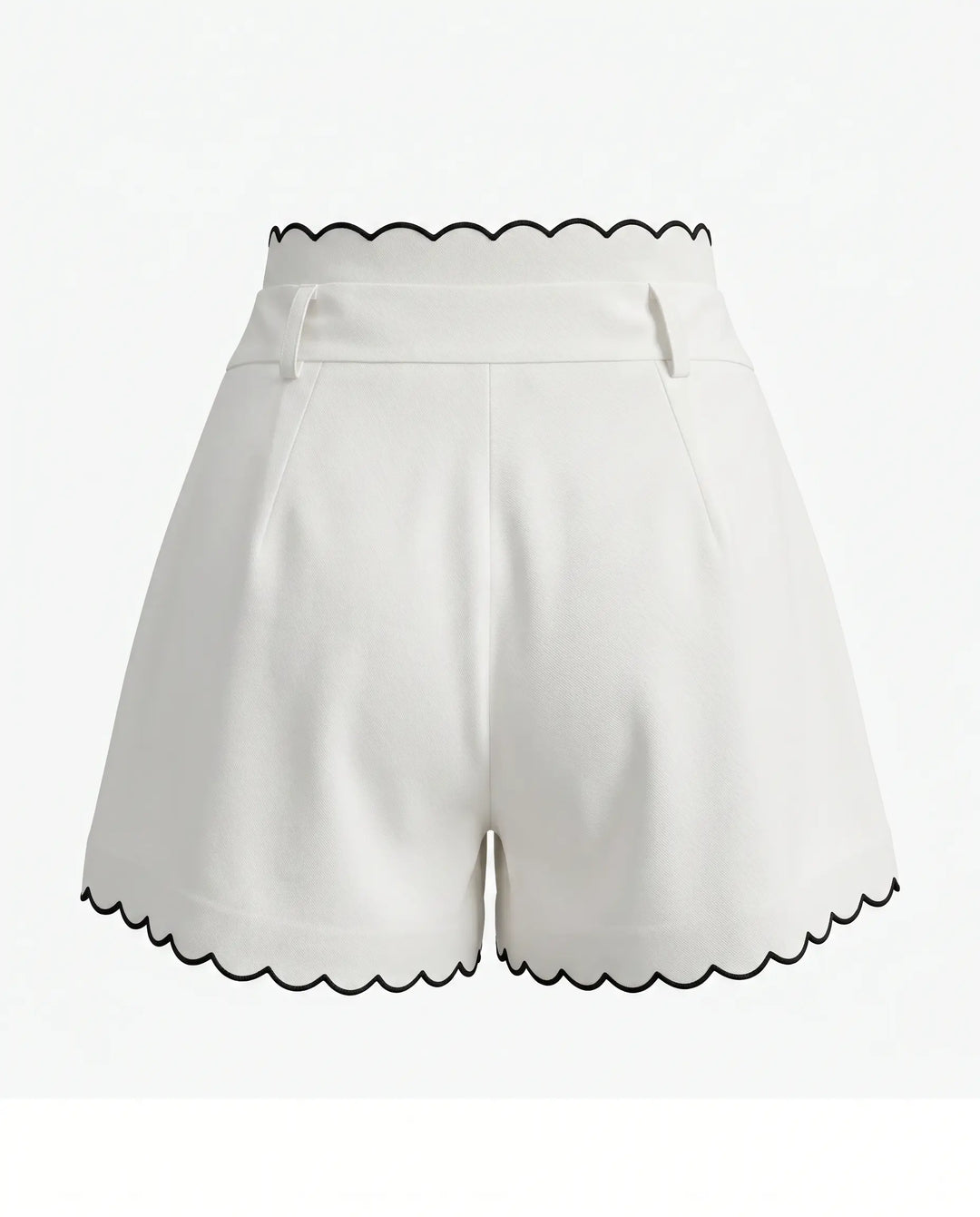 SOLACE  White Linen Blend Scalloped Edge High Waist Shorts With Belt 