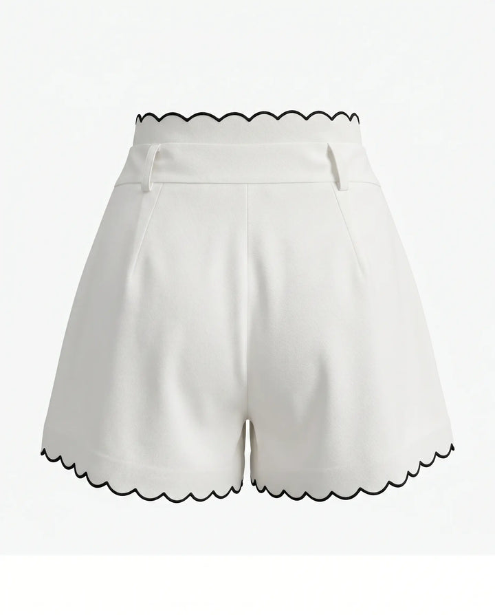 SOLACE  White Linen Blend Scalloped Edge High Waist Shorts With Belt 