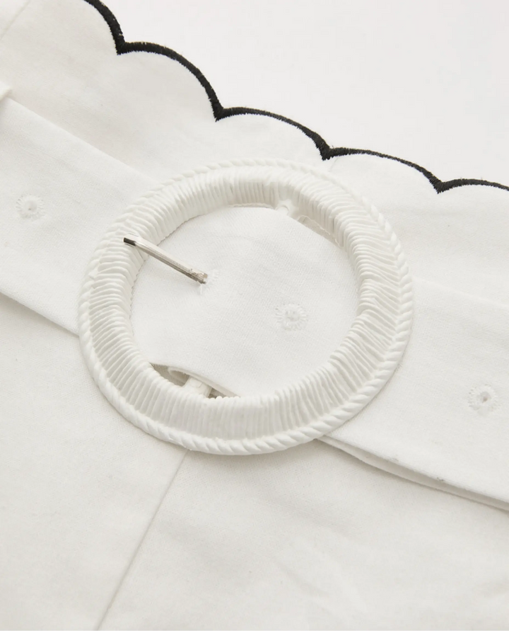 SOLACE  White Linen Blend Scalloped Edge High Waist Shorts With Belt 
