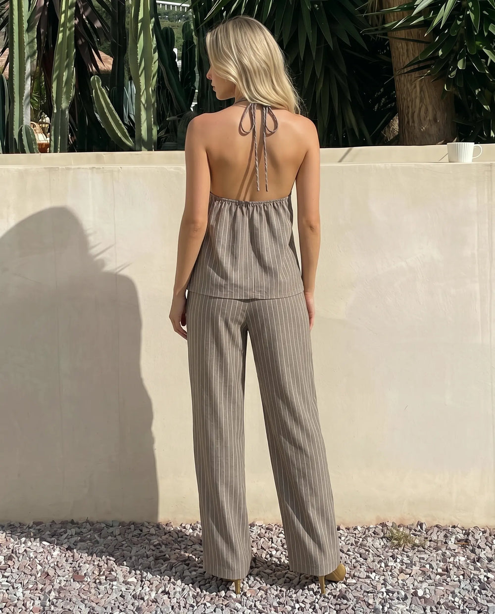 SOLACE  Grey Pinstripe Halter Neck Peplum Top Wide Leg Pants Set 
