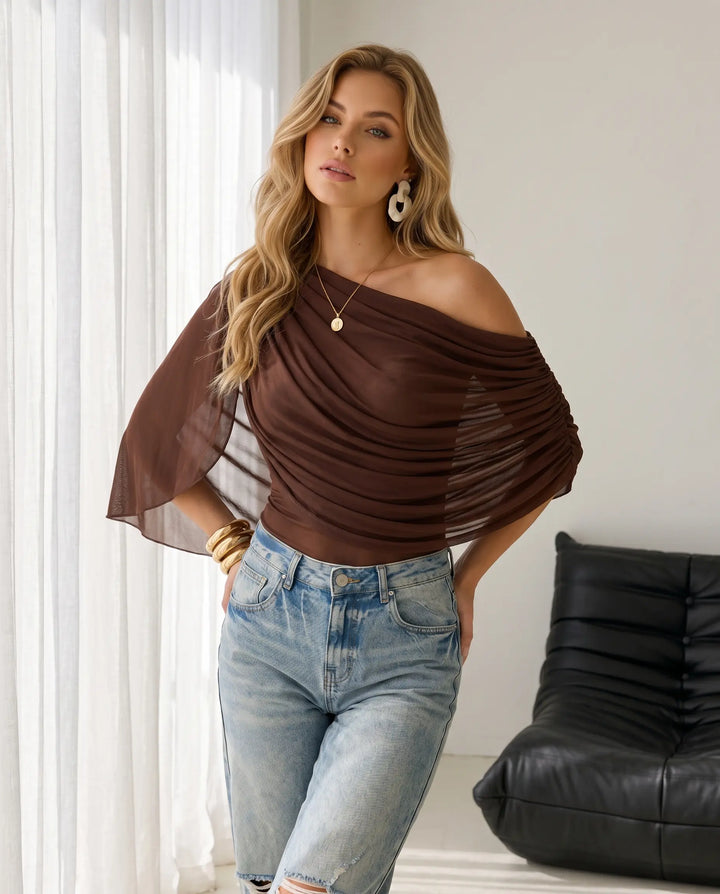 SOLACE  Brown One Shoulder Draped Mesh Bodysuit 