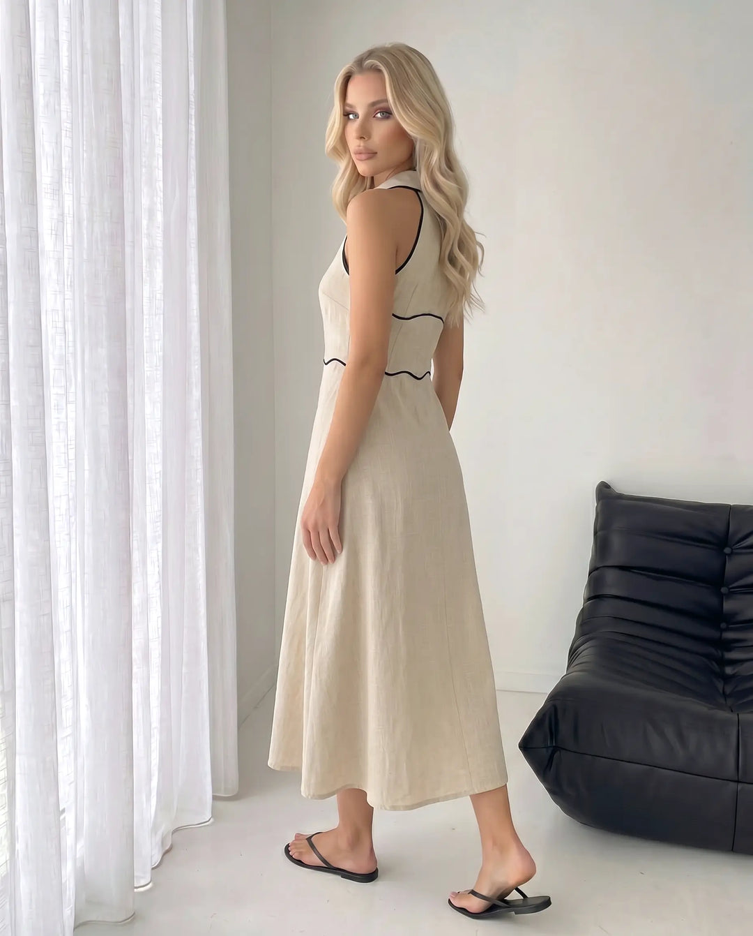 SOLACE  Beige Contrast Trim Linen Sleeveless Midi Shirt Dress 
