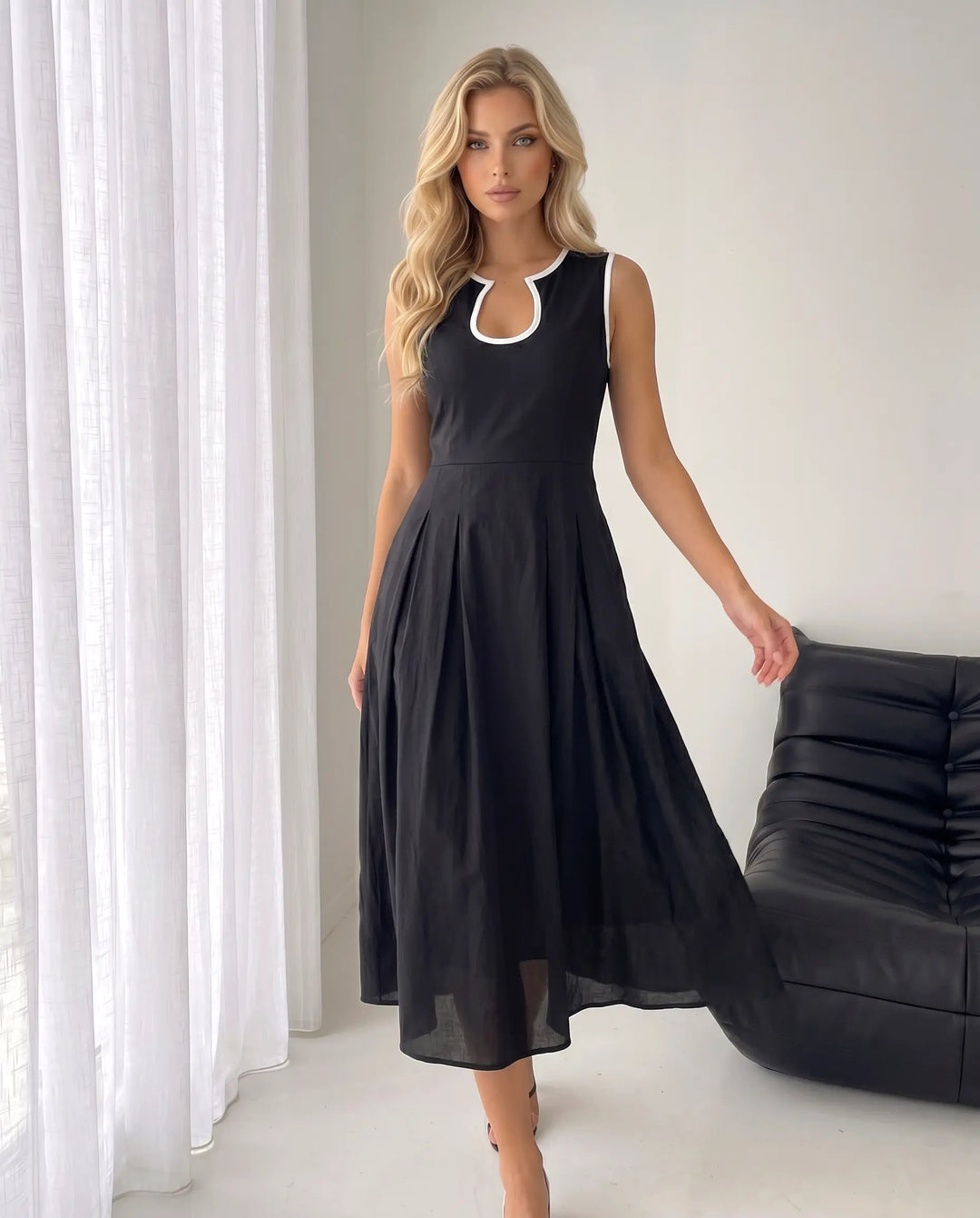 SOLACE  Black Trim Sleeveless Midi Dress 