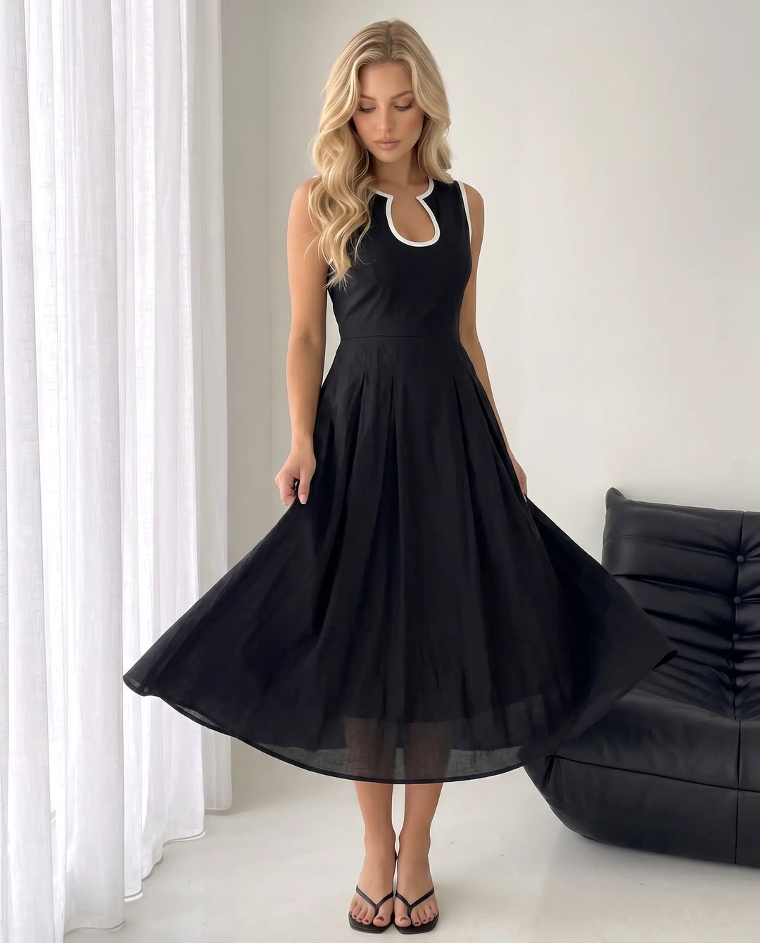SOLACE  Black Trim Sleeveless Midi Dress 