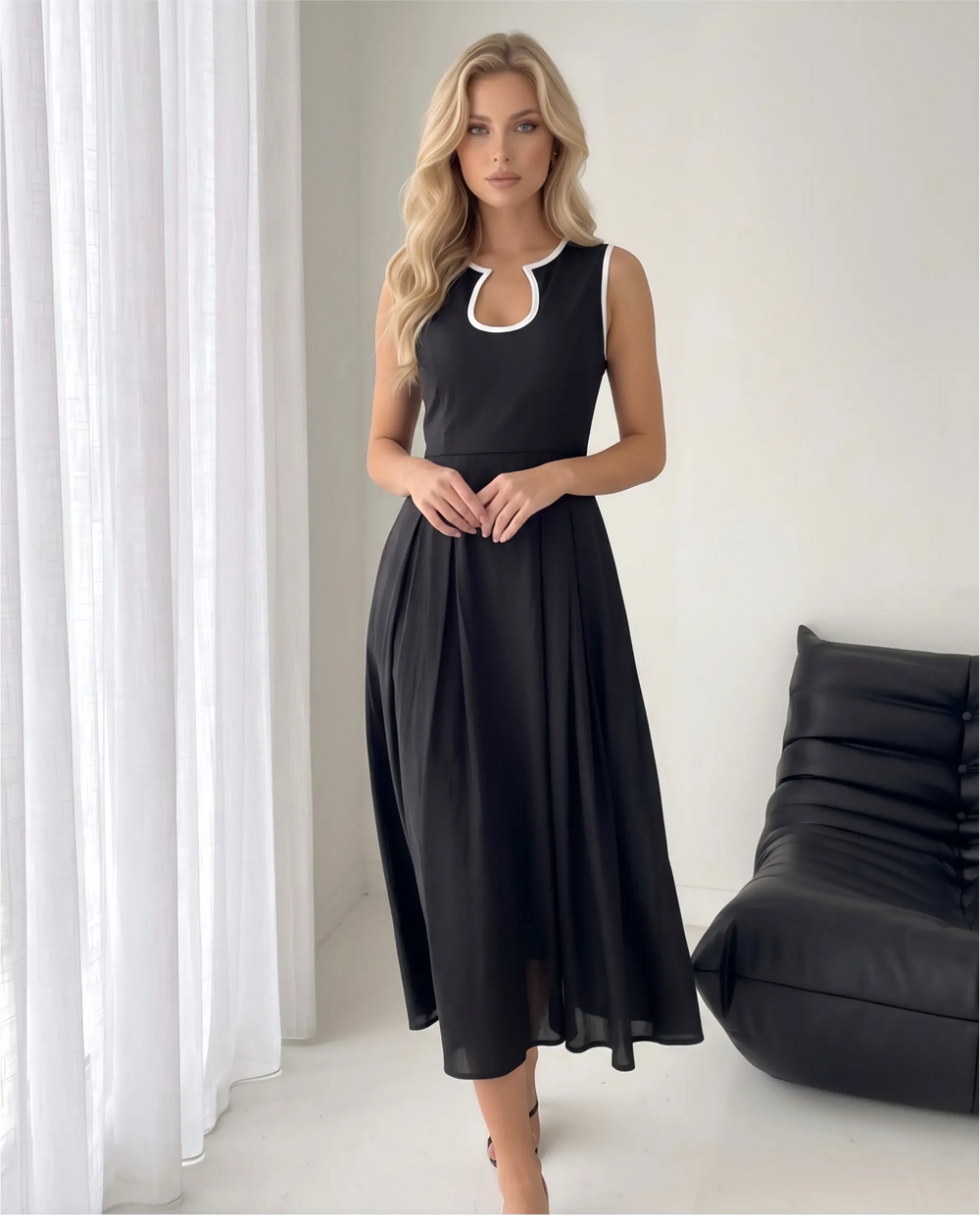 SOLACE  Black Trim Sleeveless Midi Dress 