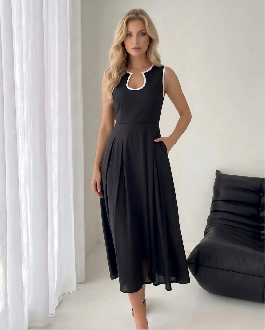 SOLACE  Black Trim Sleeveless Midi Dress 