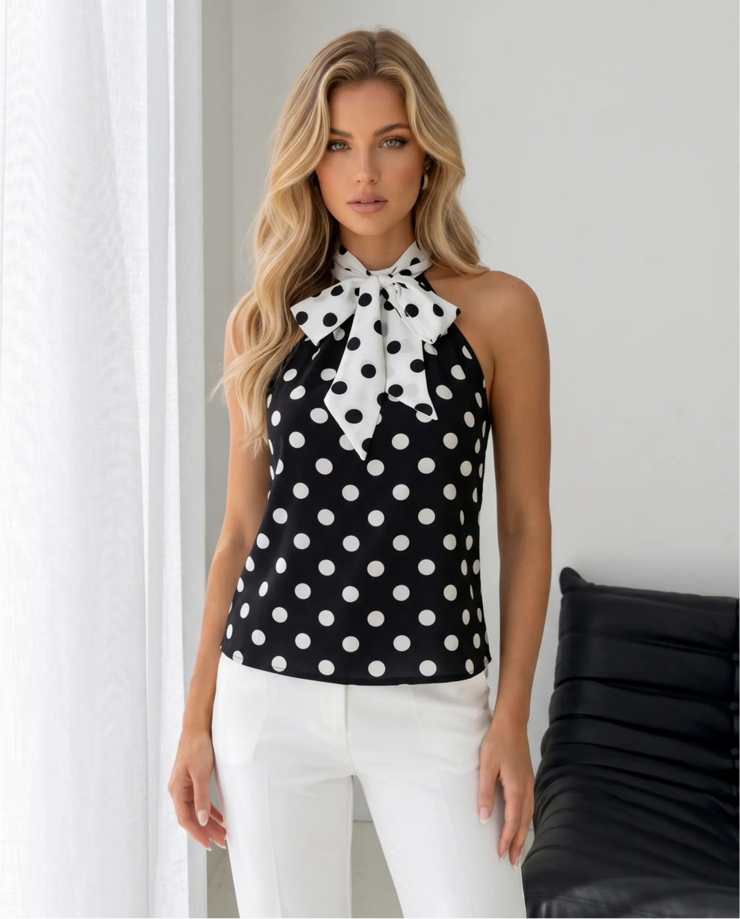 SOLACE  Black Polka Dot Halter Neck Sleeveless Blouse 