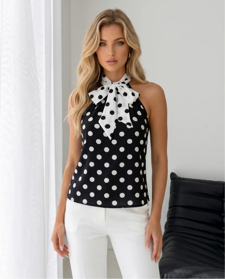 SOLACE  Black Polka Dot Halter Neck Sleeveless Blouse 