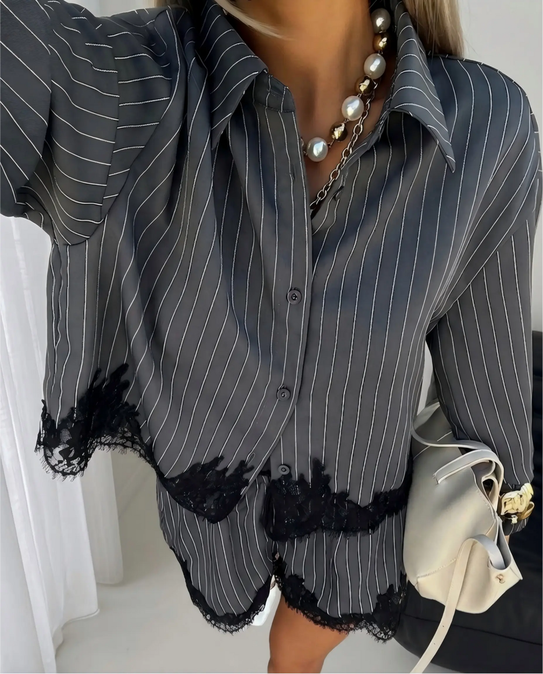 SOLACE  Grey Striped Lace Trim Shirt And Shorts Two-Piece Set 